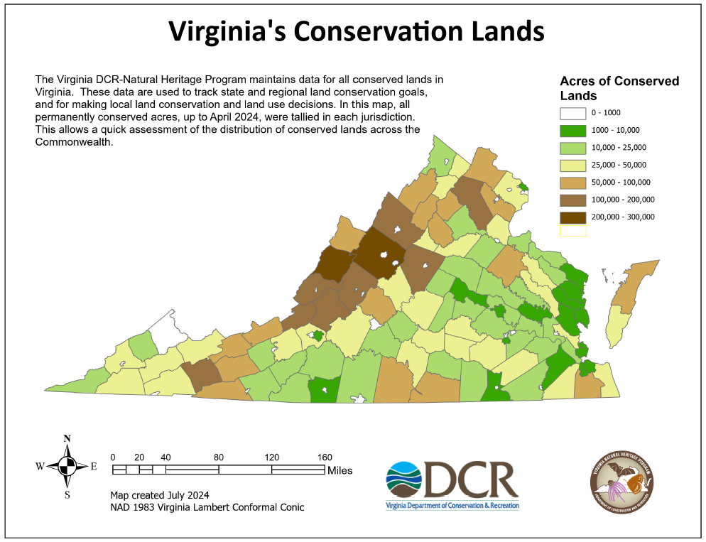 Mapa de las tierras de conservación de VA por acres