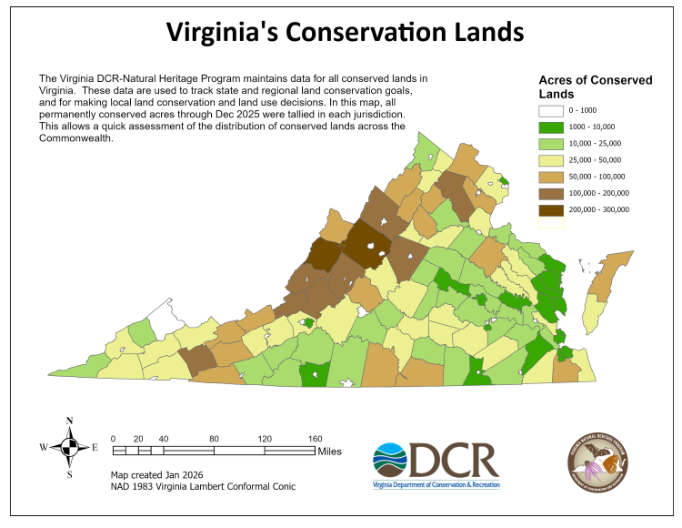 Mapa de las tierras de conservación de VA por acres