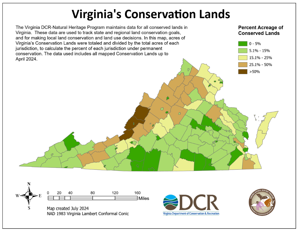 Mapa de Tierras de Conservación de VA por porcentaje