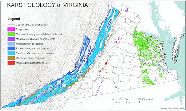 Mapa de Karst en Virginia.