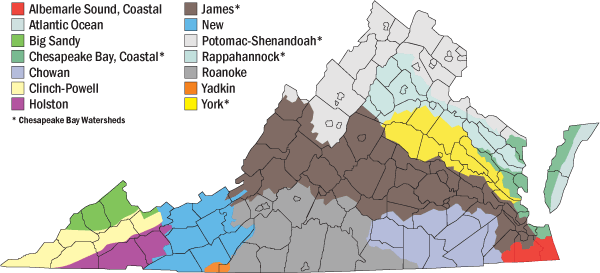 Mapa de los límites de las cuencas hidrográficas de Virginia
