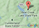 Miniatura del mapa de Google que muestra la ubicación del Parque Estatal Bear Creek Lake Miniatura del mapa de Google que muestra la ubicación del Parque Estatal Bear Creek Lake