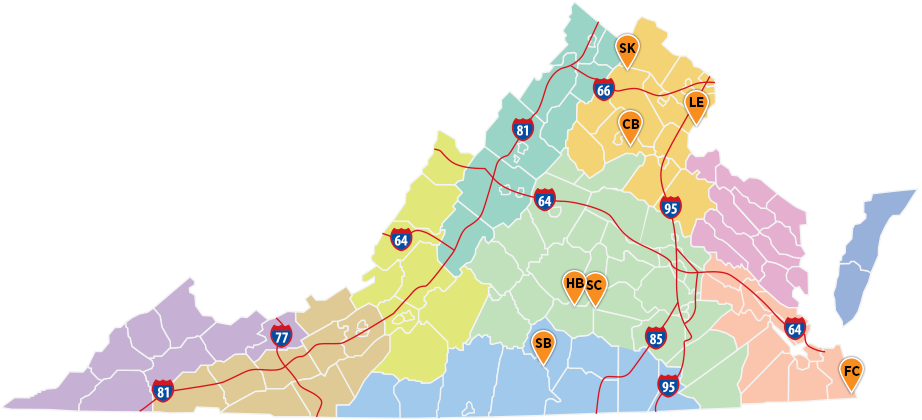 mapa de ubicaciones de la Guerra Civil en los Parques Estatales de Virginia
